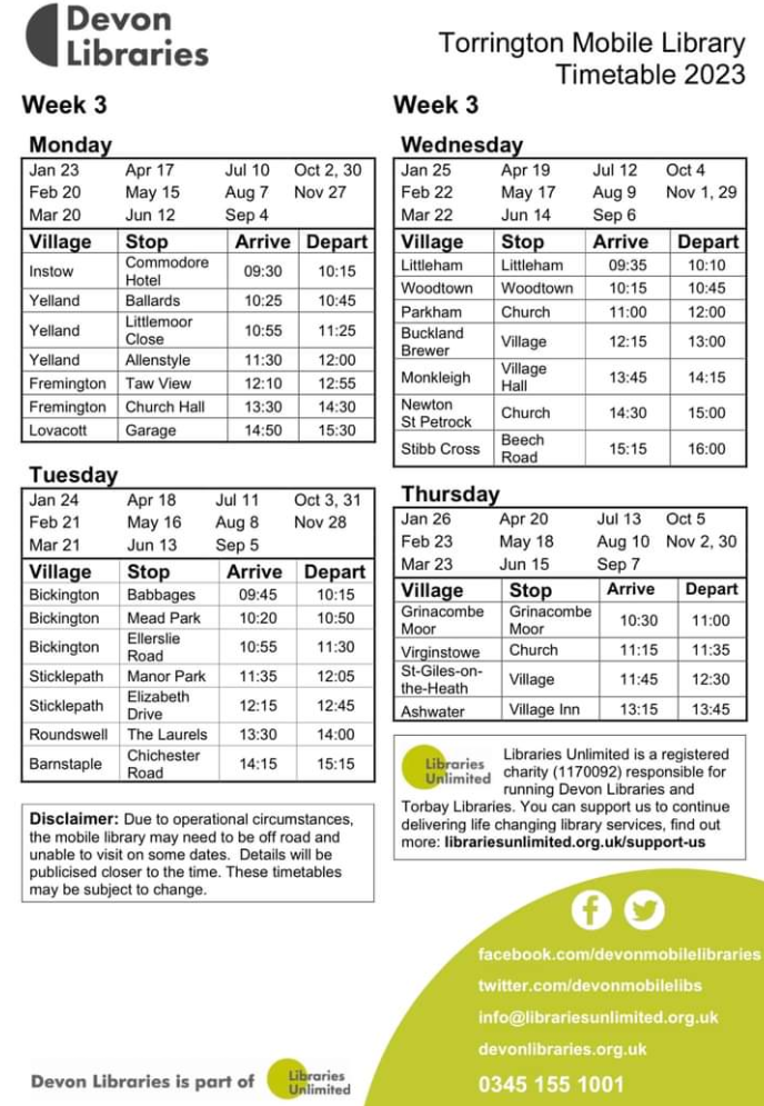 Torrington Mobile Library Broadwoodwidger Parish site